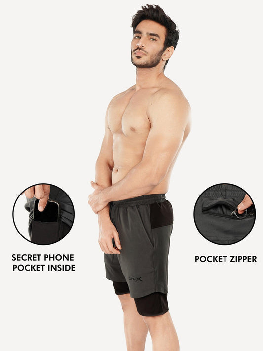 2-in-1 Shorts with phone pocket: Charcoal Grey - Sale - GymX
