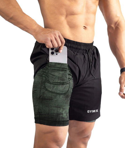 2-in-1 Compression Shorts with phone pocket: Forest Green
