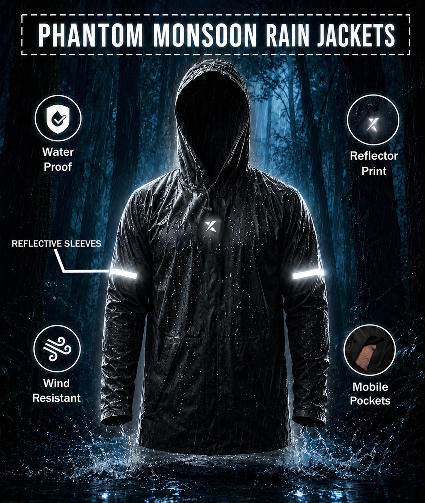 Phantom Monsoon Rain Jacket- Storm Black(with rainproof phone pockets)