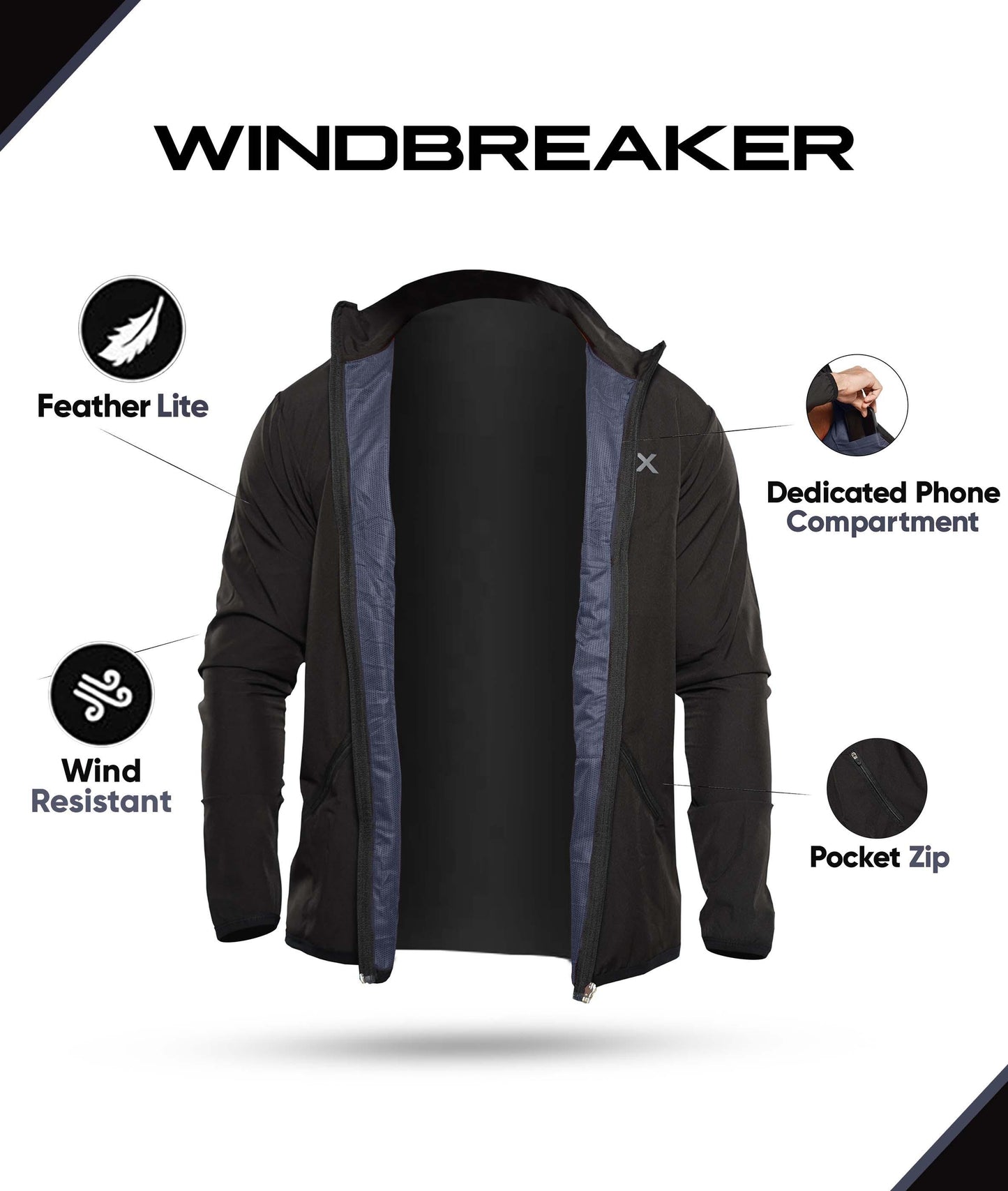 Jet Black GymX Windbreaker Summer Jacket (Dedicated Phone Pocket) - Sale - GymX
