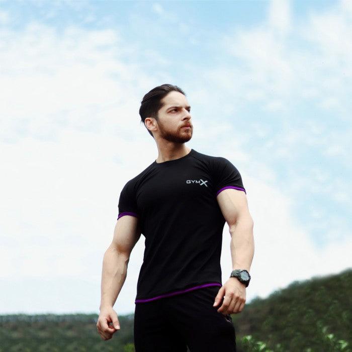 Attitude Black Muscle Fit Tee: Purple Piping - GymX