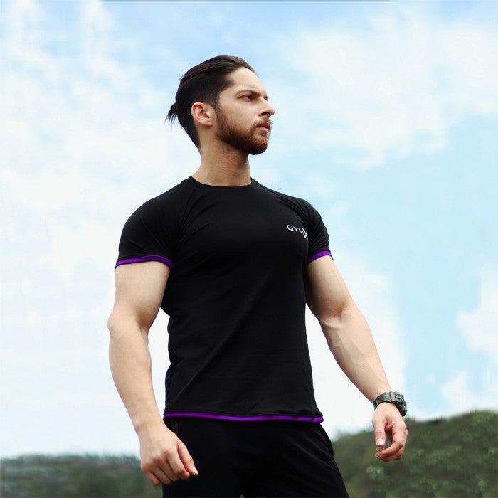 Attitude Black Muscle Fit Tee: Purple Piping - GymX