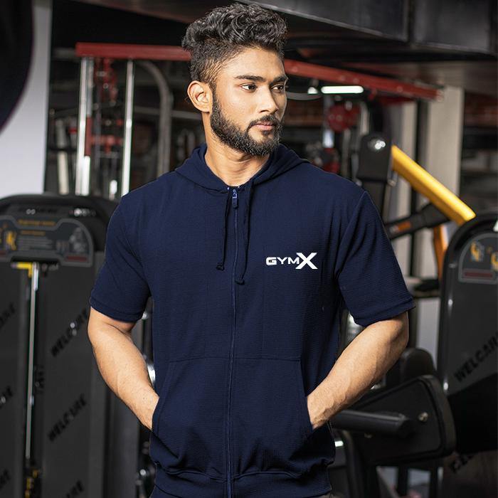 Flex Midnight Blue Half Sleeve Hoodie (4 Way Stretch)- Sale – GymX