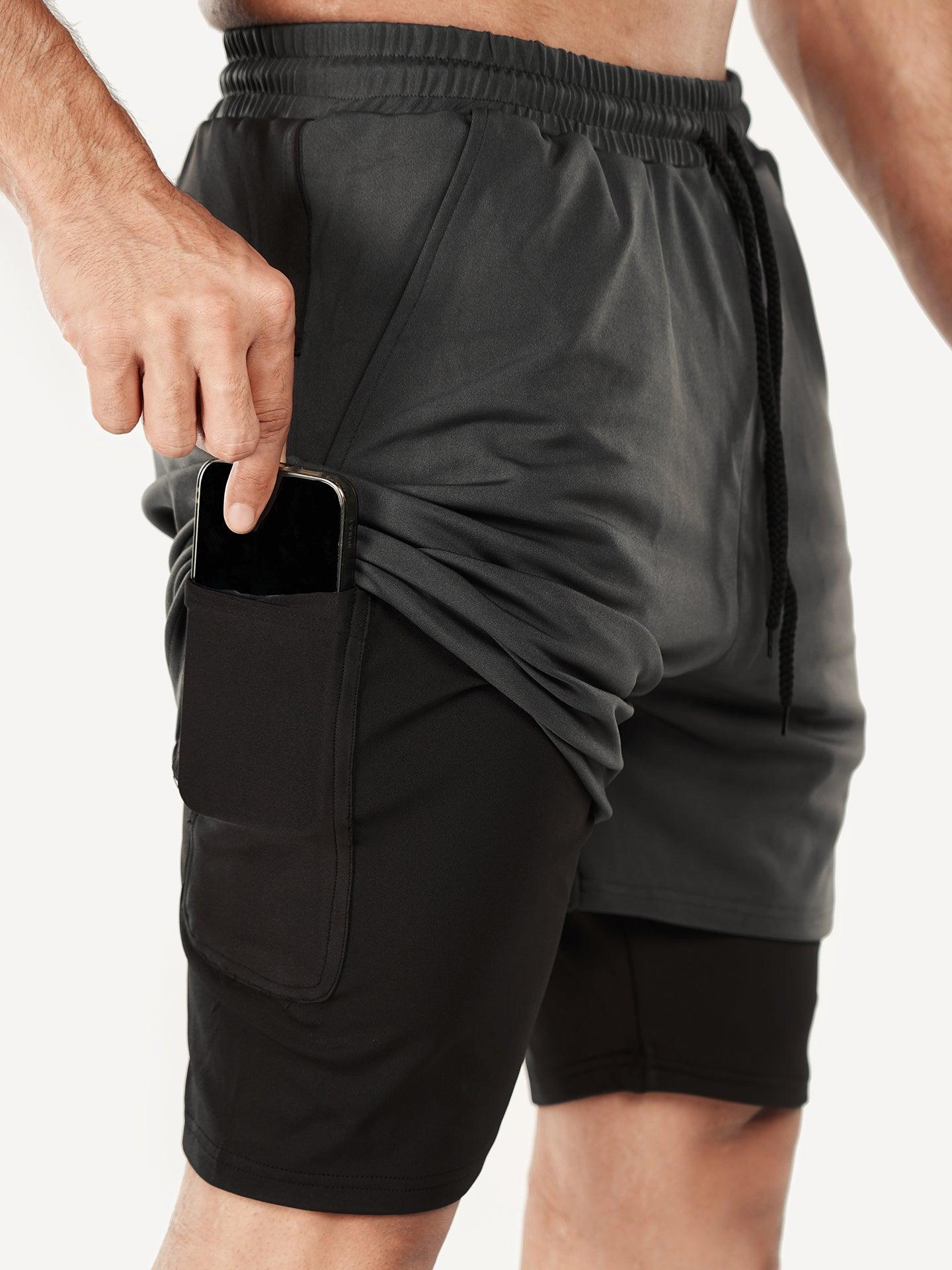 2-in-1 Shorts with phone pocket: Charcoal Grey- Sale - GymX