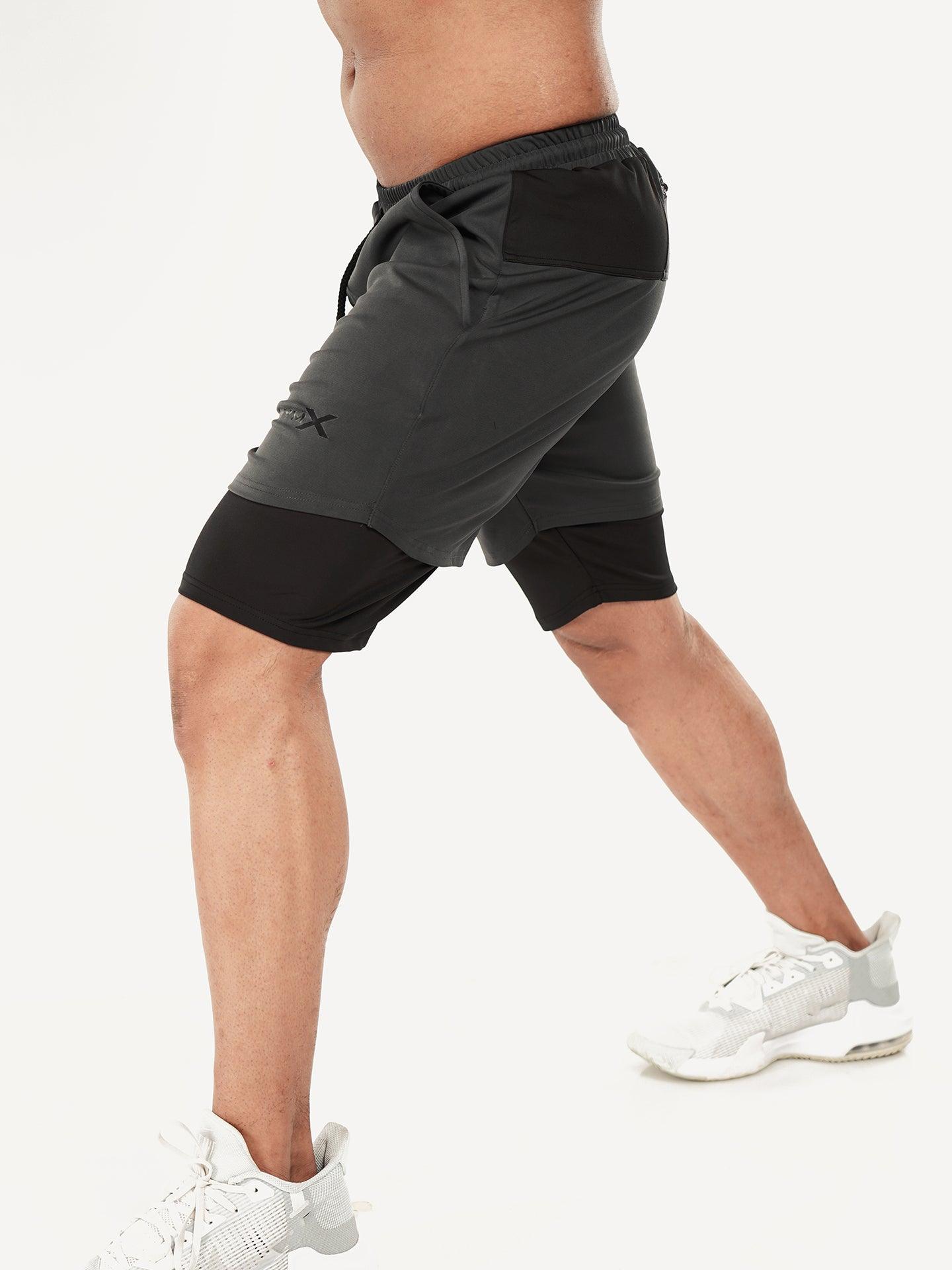 2-in-1 Shorts with phone pocket: Charcoal Grey- Sale - GymX